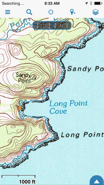 Detail of Long Cove, and an arrow showing the location of the potential site.